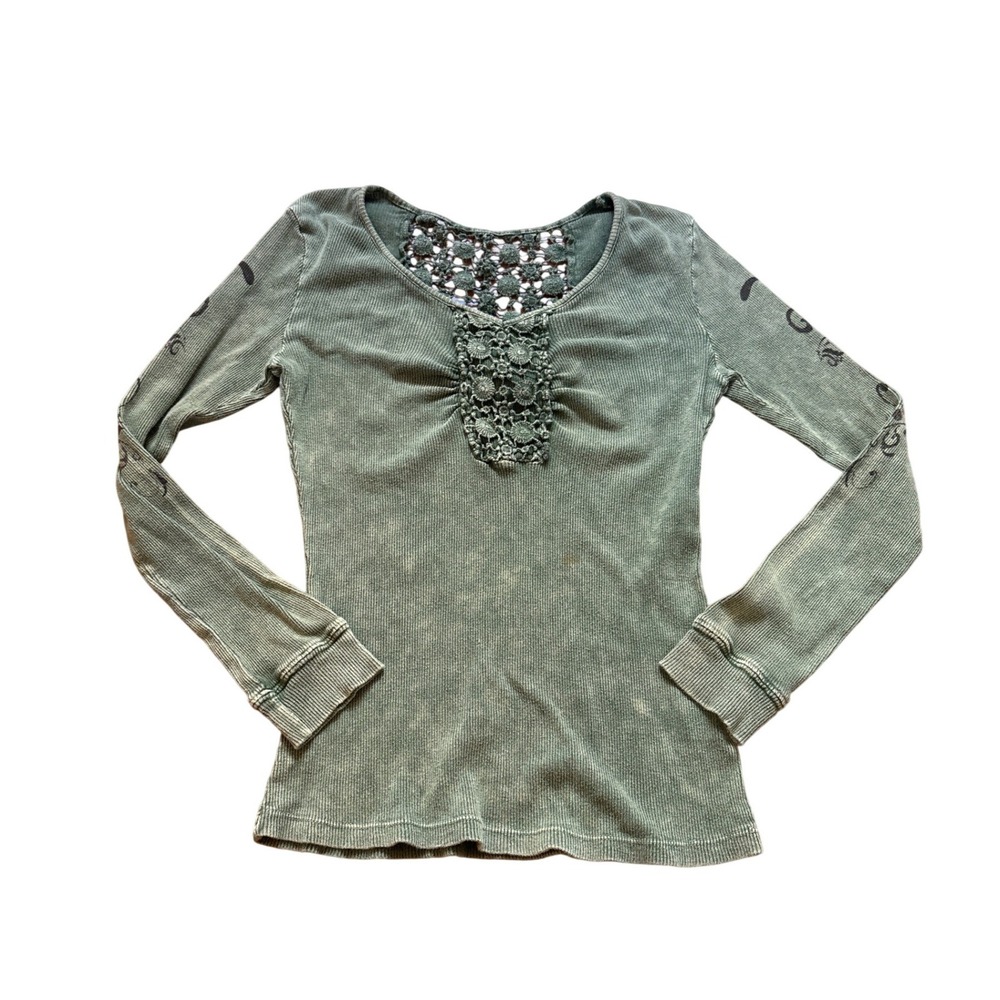 One World Thermal Top Women‎ Green Crochet Boho Graphic Sleeve SIZE PM